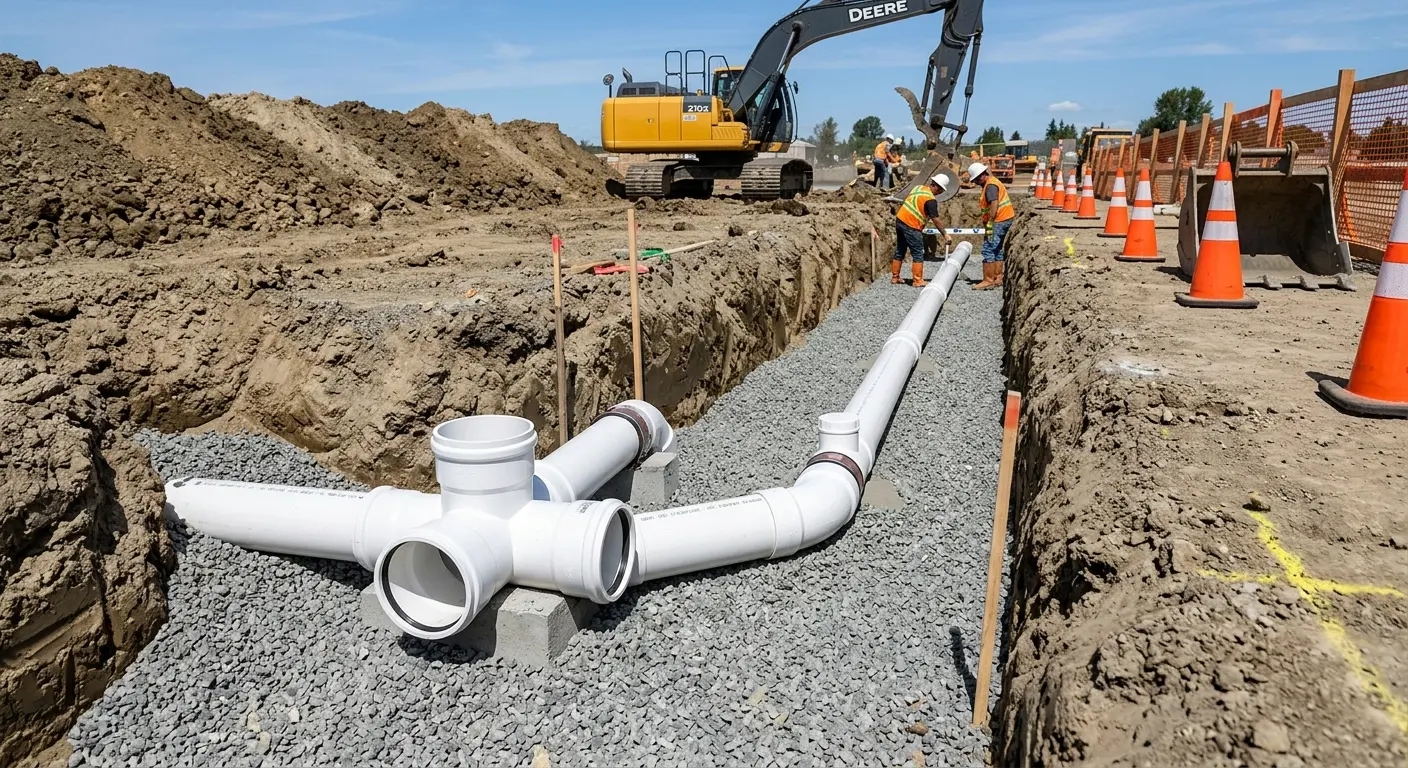 New PVC sewer pipe installation in open trench for Sewer Backup in Waianae