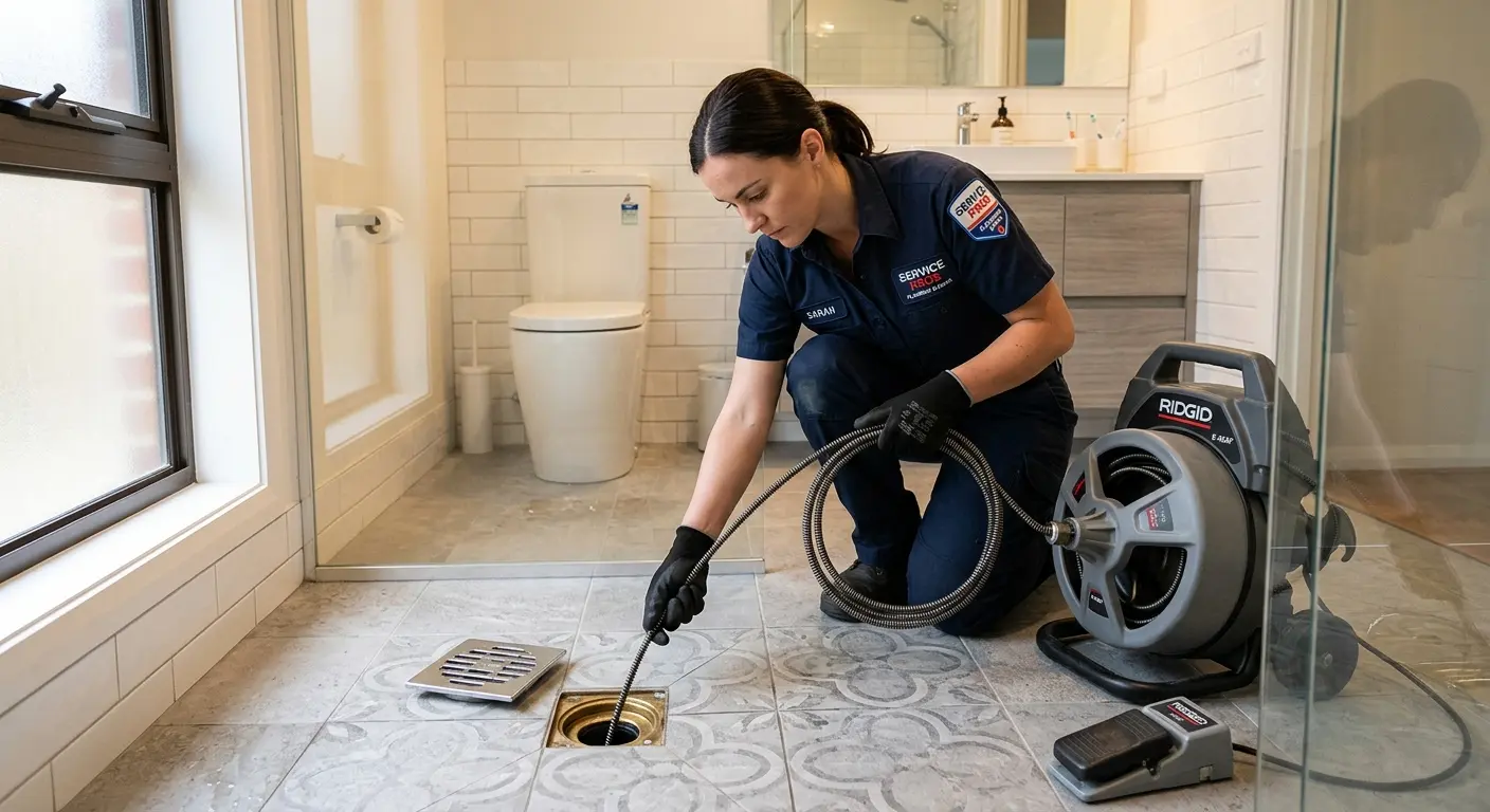 Technician clearing a bathroom floor drain for Hydro Jetting in Waianae